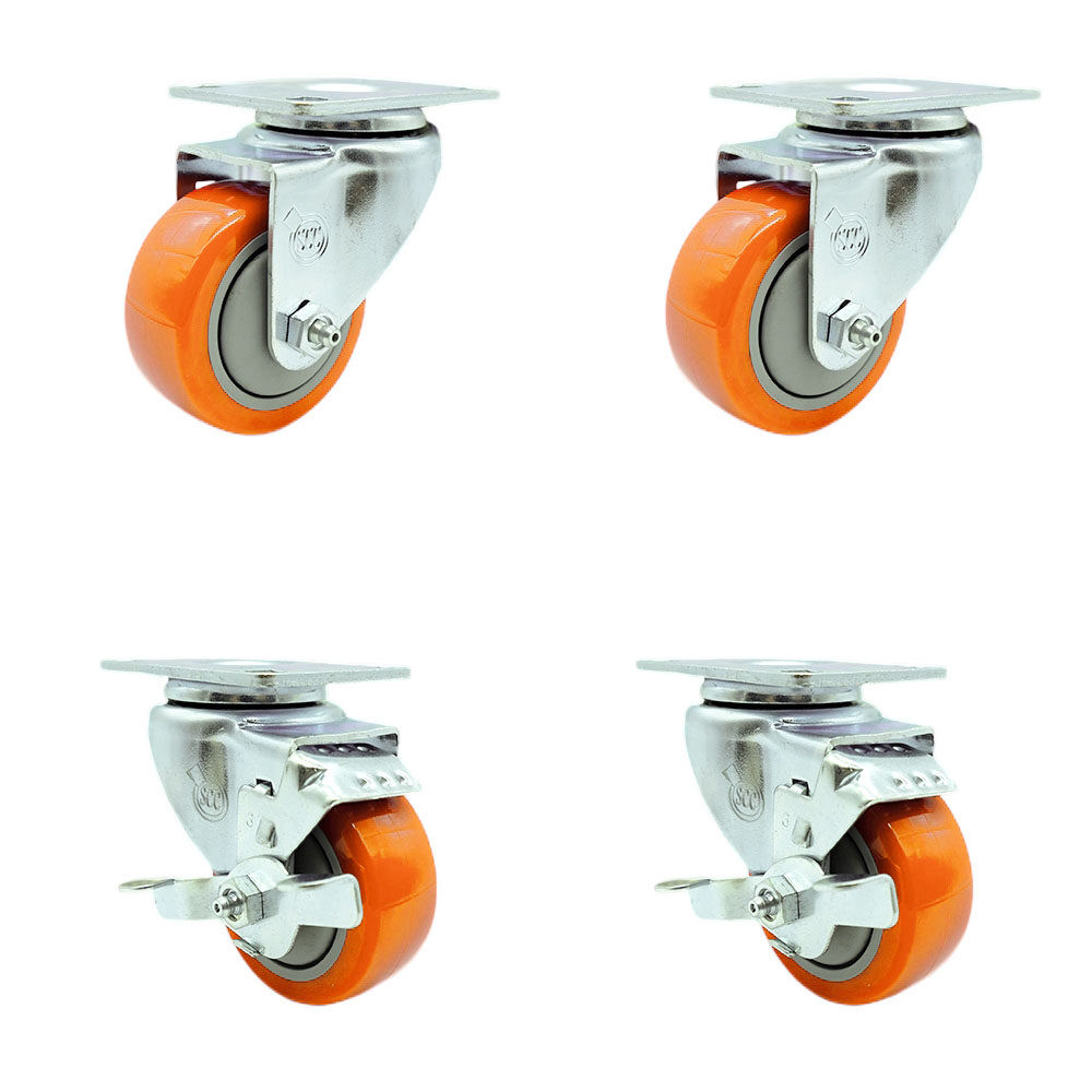 Stainless Steel Polyurethane Swivel Top Plate Caster Set of 4 w/3" x 1.25" Orange Wheels - Includes 2 Swivel with Top Locking Brakes & 2 Swivel - 1200 lbs Total Capacity - Service Caster Brand — photo 1