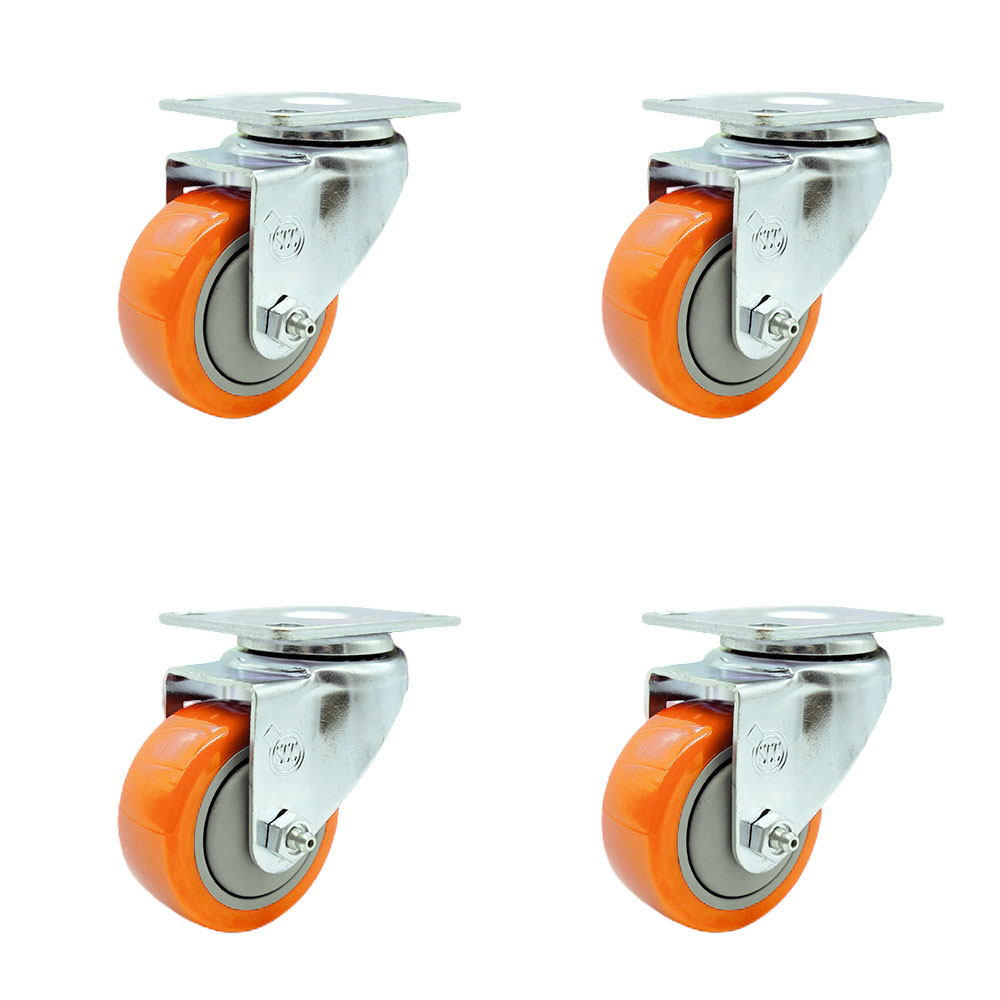 Stainless Steel Polyurethane Swivel Top Plate Caster Set of 4 w/3" x 1.25" Orange Wheels - Includes 4 Swivel - 1200 lbs Total Capacity - Service Caster Brand — photo 1