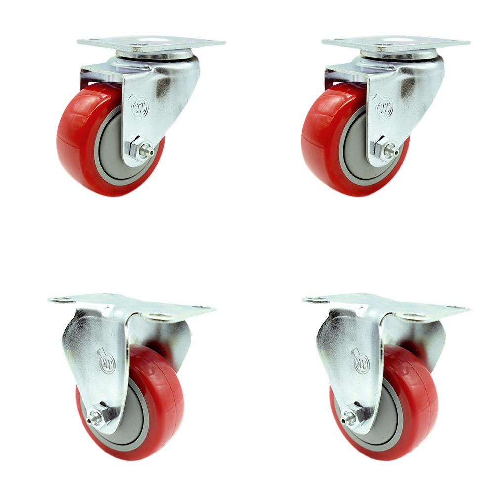 Stainless Steel Polyurethane Swivel Top Plate Caster Set of 4 w/3" x 1.25" Red Wheels - Includes 2 Swivel & 2 Rigid - 1200 lbs Total Capacity - Service Caster Brand — photo 1