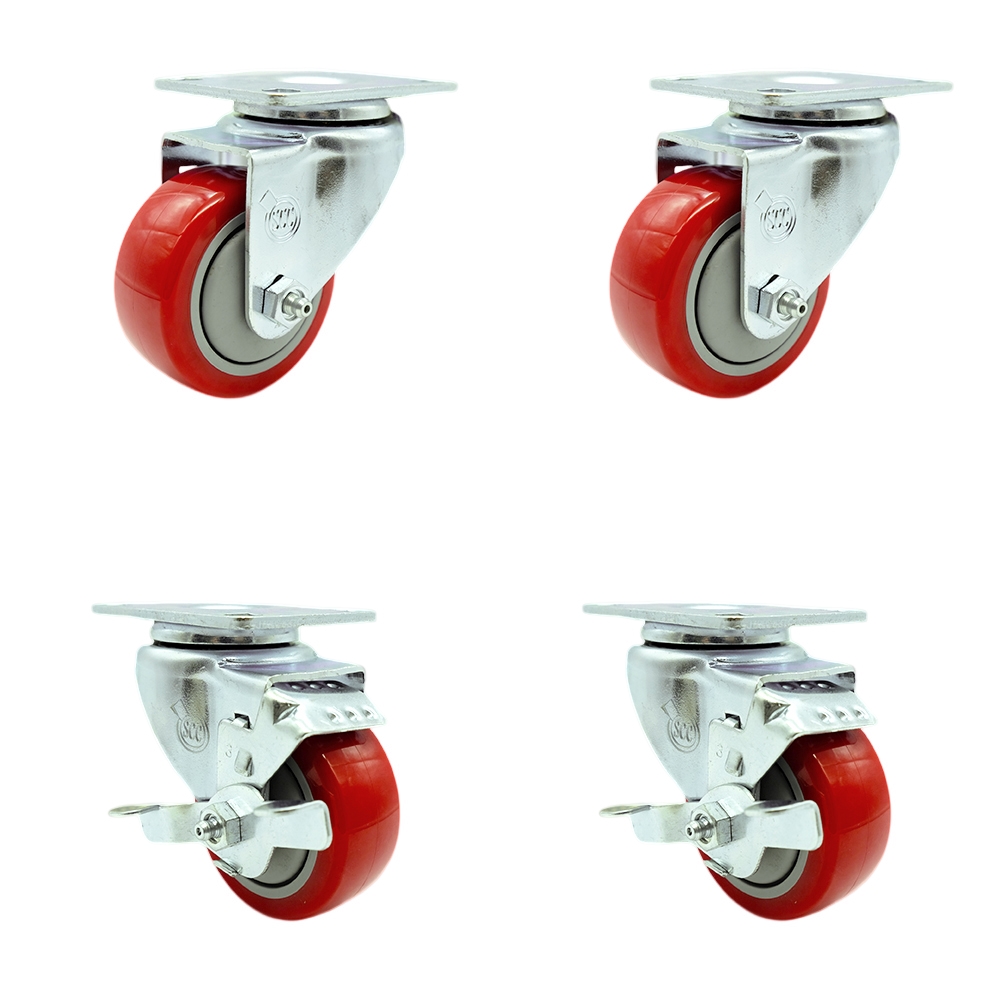 Stainless Steel Polyurethane Swivel Top Plate Caster Set of 4 w/3" x 1.25" Red Wheels - Includes 2 Swivel with Top Locking Brakes & 2 Swivel - 1200 lbs Total Capacity - Service Caster Brand — photo 1