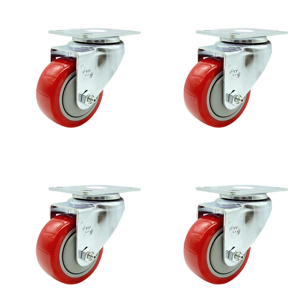 Stainless Steel Polyurethane Swivel Top Plate Caster Set of 4 w/3" x 1.25" Red Wheels - Includes 4 Swivel - 1200 lbs Total Capacity - Service Caster Brand — photo 1