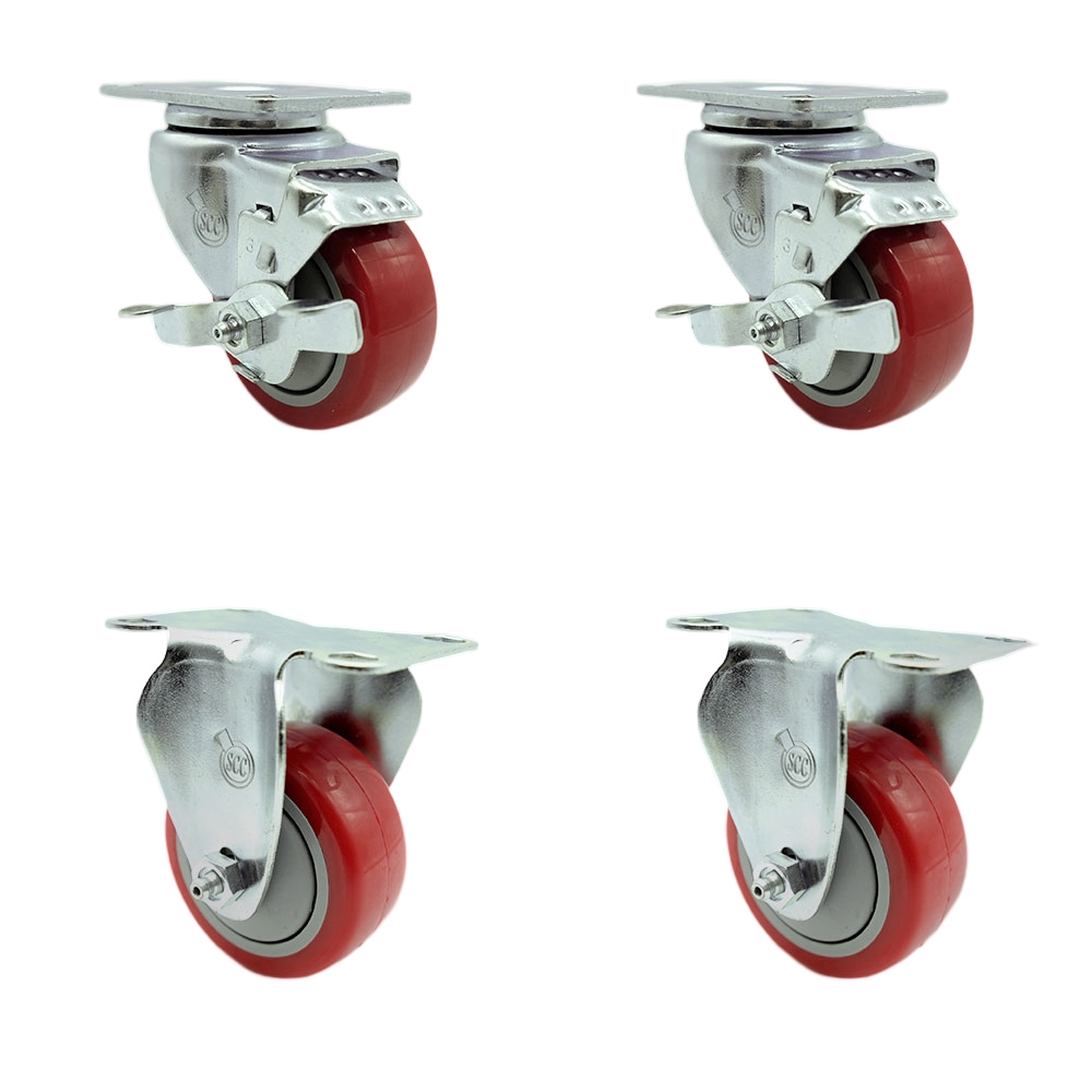 Stainless Steel Polyurethane Swivel Top Plate Caster Set of 4 w/3" x 1.25" Red Wheels - Includes 2 Swivel with Top Locking Brakes & 2 Rigid - 1200 lbs Total Capacity - Service Caster Brand — photo 1