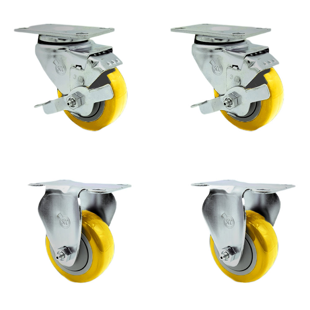Stainless Steel Polyurethane Swivel Top Plate Caster Set of 4 w/3" x 1.25" Yellow Wheels - Includes 2 Swivel with Top Locking Brakes & 2 Rigid - 1200 lbs Total Capacity - Service Caster Brand — photo 1