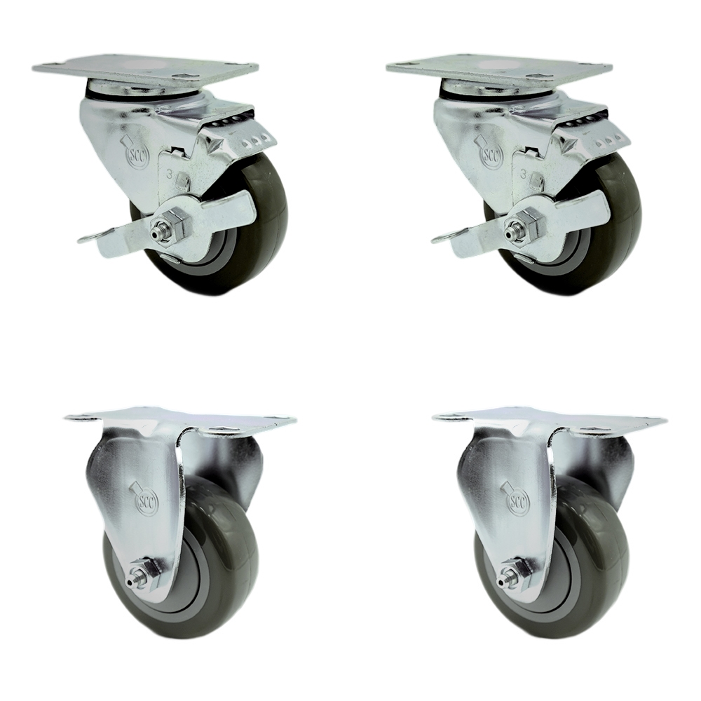 Stainless Steel Polyurethane Swivel Top Plate Caster Set of 4 w/3" x 1.25" Gray Wheels - Includes 2 Swivel with Top Locking Brakes & 2 Rigid - 1200 lbs Total Capacity - Service Caster Brand — photo 1