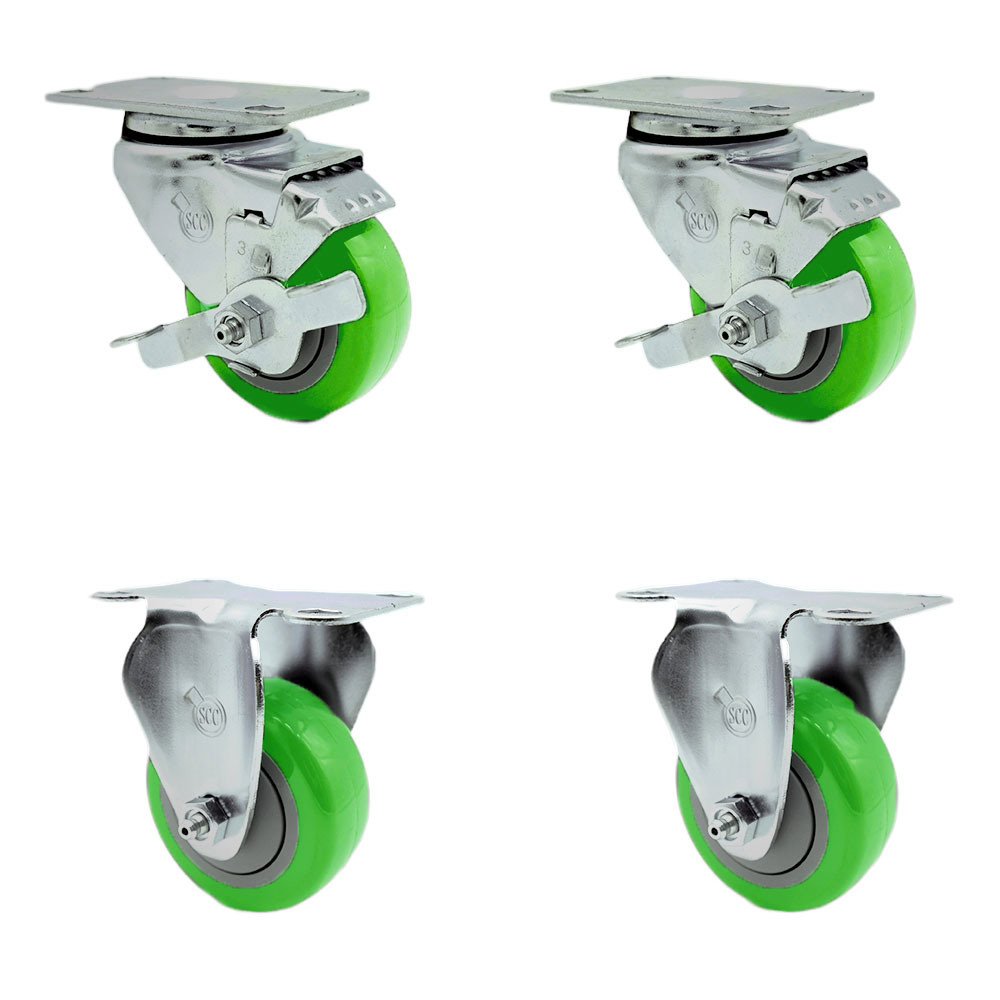 Stainless Steel Polyurethane Swivel Top Plate Caster Set of 4 w/3" x 1.25" Green Wheels - Includes 2 Swivel with Top Locking Brakes & 2 Rigid - 1200 lbs Total Capacity - Service Caster Brand — photo 1