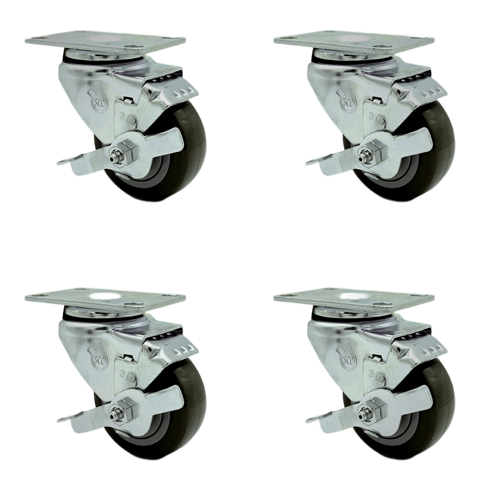 Stainless Steel Polyurethane Swivel Top Plate Caster Set of 4 w/3" x 1.25" Gray Wheels - Includes 4 Swivel with Top Lock Brakes - 1200 lbs Total Capacity - Service Caster Brand — photo 1