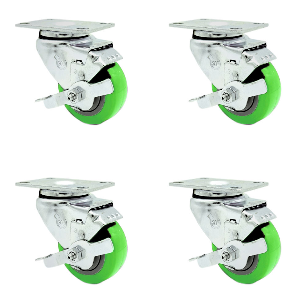 Stainless Steel Polyurethane Swivel Top Plate Caster Set of 4 w/3" x 1.25" Green Wheels - Includes 4 Swivel with Top Lock Brakes - 1200 lbs Total Capacity - Service Caster Brand — photo 1