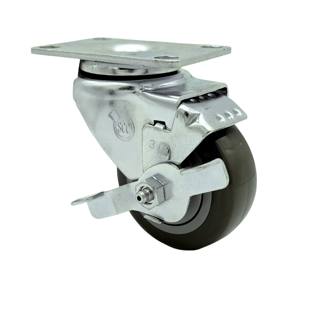 Stainless Steel Polyurethane Swivel Top Plate Swivel Caster w/3" x 1.25" Gray Wheel & Top Locking Brake - 300 lbs Capacity/Caster - Service Caster Brand — photo 1