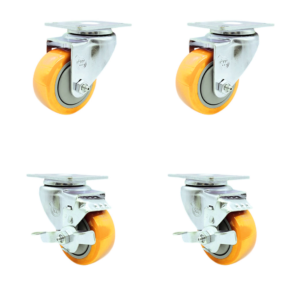Stainless Steel Polyurethane Swivel Top Plate Caster Set of 4 w/3" x 1.25" Yellow Wheels - Includes 2 Swivel with Top Locking Brakes & 2 Swivel - 1200 lbs Total Capacity - Service Caster Brand — photo 1