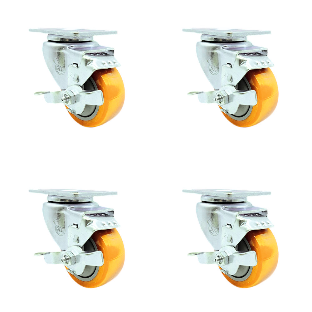 Stainless Steel Polyurethane Swivel Top Plate Caster Set of 4 w/3" x 1.25" Yellow Wheels - Includes 4 Swivel with Top Lock Brakes - 1200 lbs Total Capacity - Service Caster Brand — photo 1