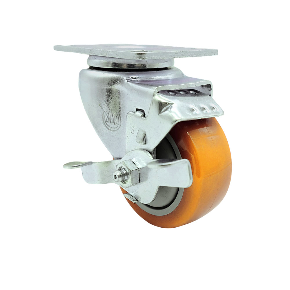 Stainless Steel Polyurethane Swivel Top Plate Swivel Caster w/3" x 1.25" Yellow Wheel & Top Locking Brake - 300 lbs Capacity/Caster - Service Caster Brand — photo 1