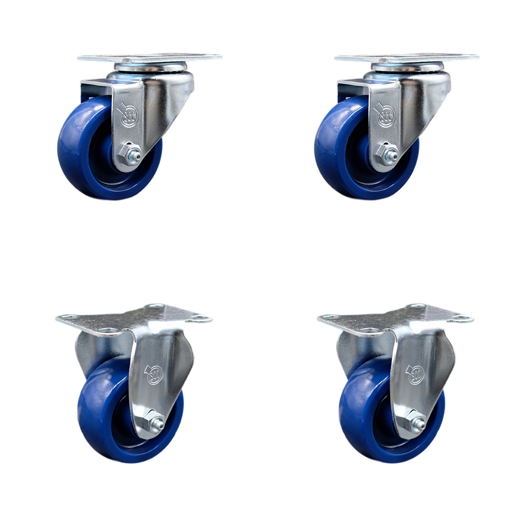 Stainless Steel Solid Polyurethane Swivel Top Plate Caster Set of 4 w/3" x 1.25" Blue Wheels - Includes 2 Swivel & 2 Rigid - 1200 lbs Total Capacity - Service Caster Brand — photo 1