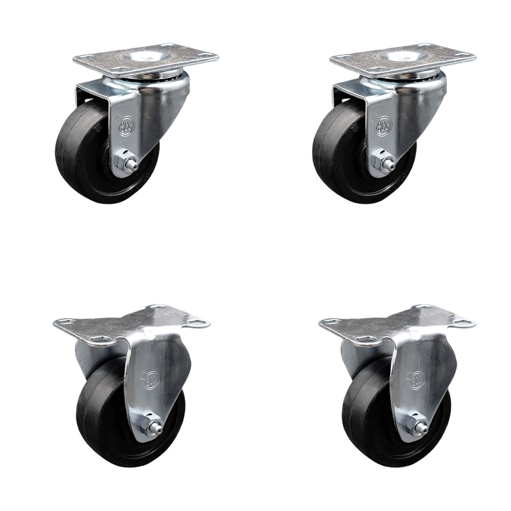 Stainless Steel Soft Rubber Swivel Top Plate Caster Set of 4 w/3" x 1.25" Black Wheels - Includes 2 Swivel & 2 Rigid - 700 lbs Total Capacity - Service Caster Brand — photo 1