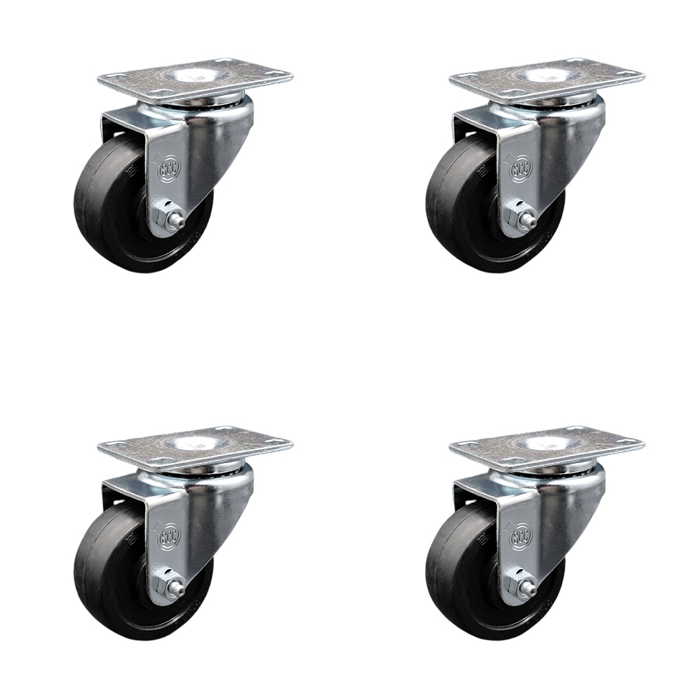 Stainless Steel Soft Rubber Swivel Top Plate Caster Set of 4 w/3" x 1.25" Black Wheels - Includes 4 Swivel - 700 lbs Total Capacity - Service Caster Brand — photo 1
