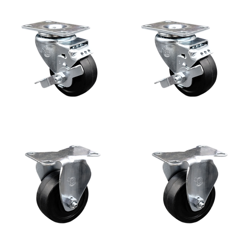 Stainless Steel Soft Rubber Swivel Top Plate Caster Set of 4 w/3" x 1.25" Black Wheels - Includes 2 Swivel with Top Locking Brakes & 2 Rigid - 700 lbs Total Capacity - Service Caster Brand — photo 1