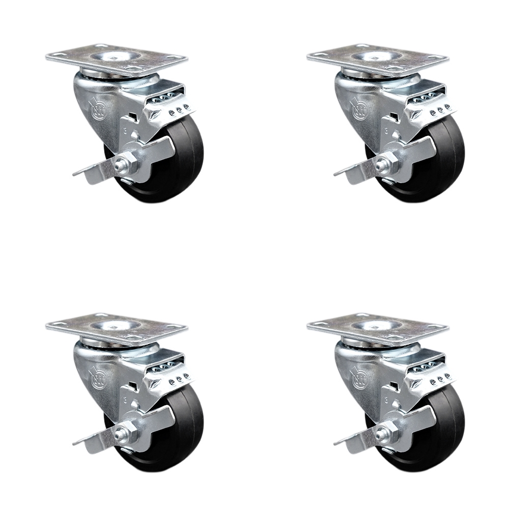 Stainless Steel Soft Rubber Swivel Top Plate Caster Set of 4 w/3" x 1.25" Black Wheels - Includes 4 Swivel with Top Lock Brakes - 700 lbs Total Capacity - Service Caster Brand — photo 1