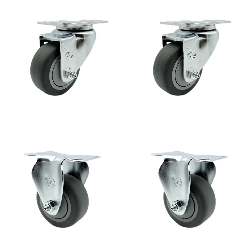 Stainless Steel Thermoplastic Rubber Swivel Top Plate Caster Set of 4 - 3" x 1.25" Gray Wheels - Includes 2 Swivel & 2 Rigid - 840 lbs Total Capacity - Service Caster Brand — photo 1