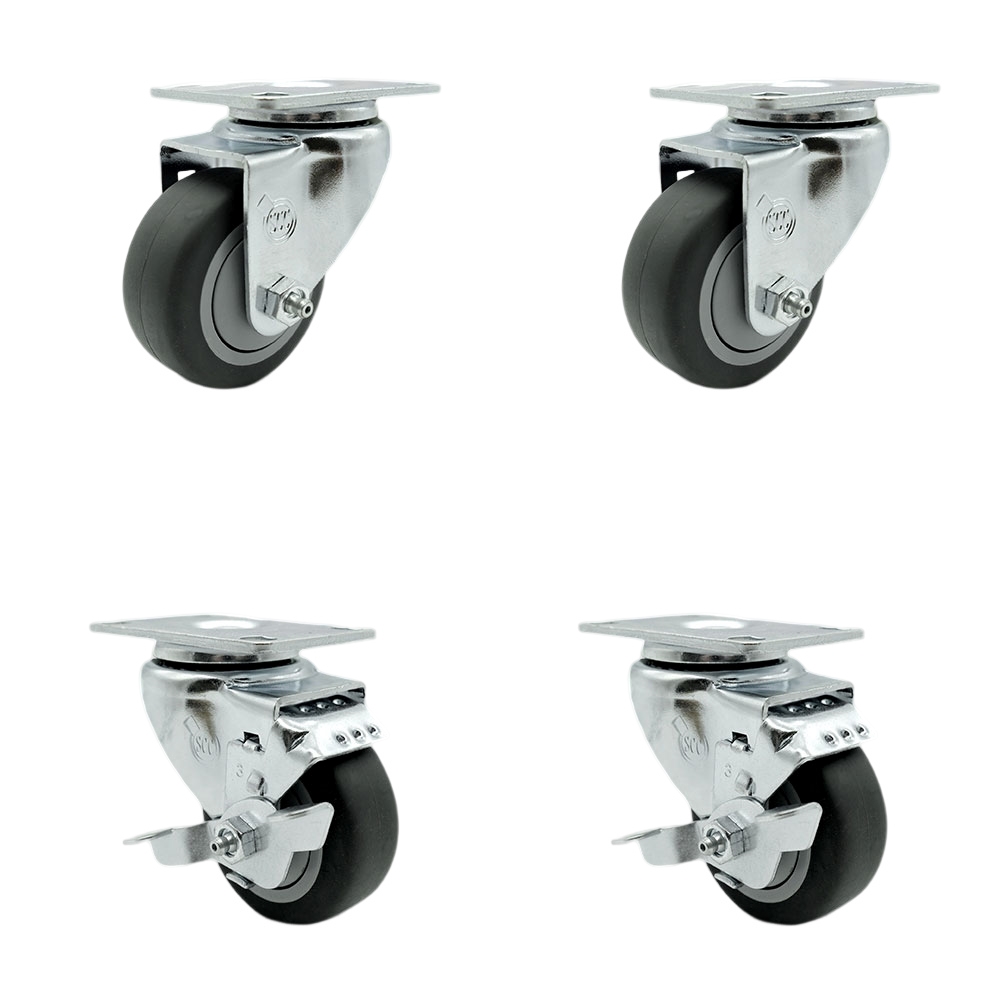 Stainless Steel Thermoplastic Rubber Swivel Top Plate Caster Set of 4 - 3" x 1.25" Gray Wheels - Includes 2 Swivel with Top Locking Brakes & 2 Swivel - 840 lbs Total Capacity - Service Caster Brand — photo 1