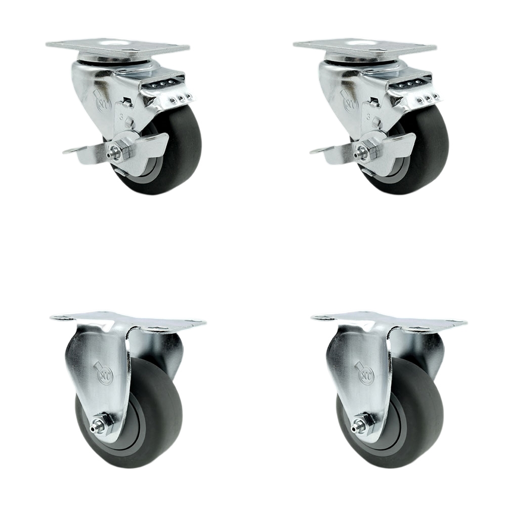 Stainless Steel Thermoplastic Rubber Swivel Top Plate Caster Set of 4 - 3" x 1.25" Gray Wheels - Includes 2 Swivel with Top Locking Brakes & 2 Rigid - 840 lbs Total Capacity - Service Caster Brand — photo 1