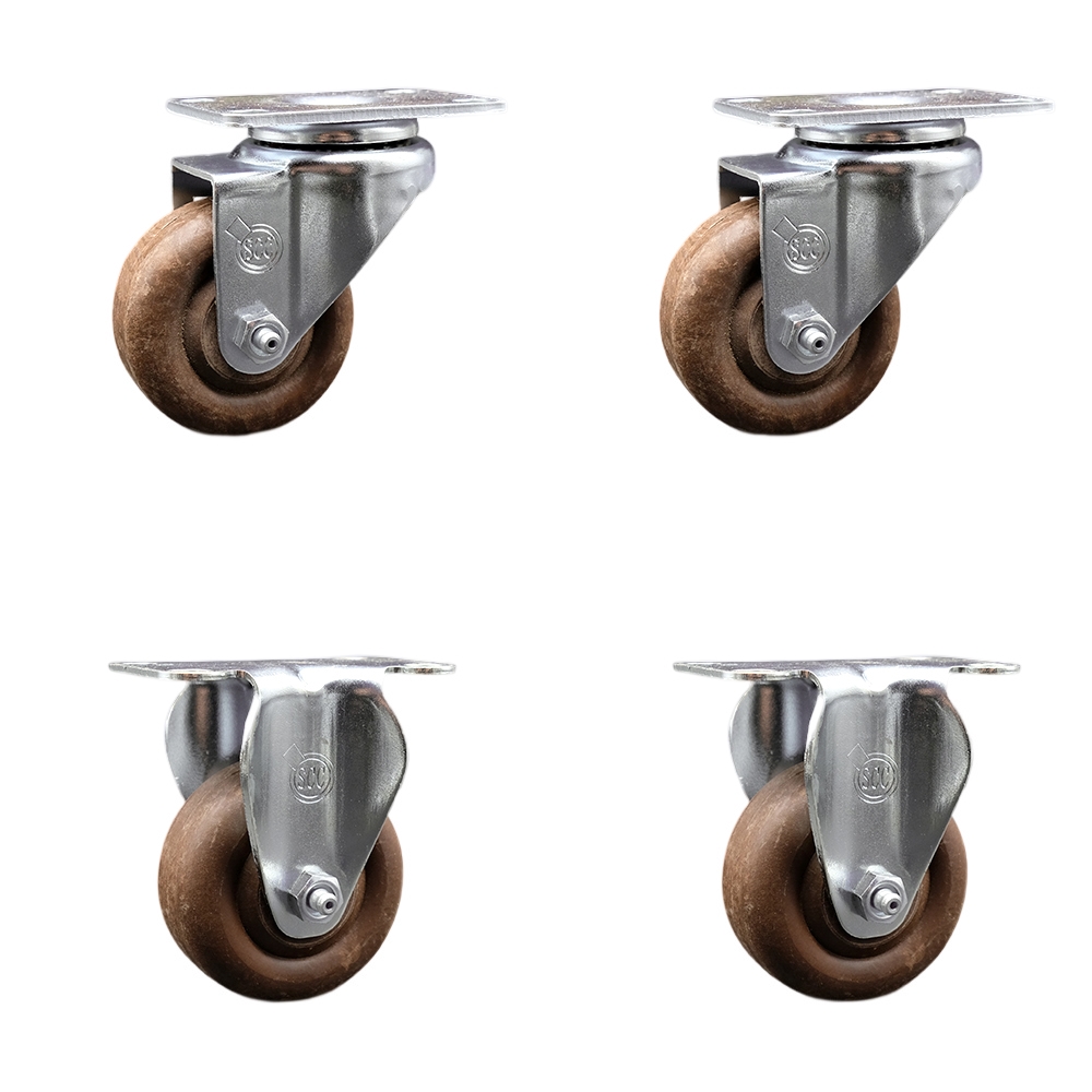Stainless Steel High Temp Glass Filled Nylon Swivel Top Plate Caster Set of 4 w/3.5" x 1.25" Brown Wheels - Includes 2 Swivel & 2 Rigid - 1400 lbs Total Capacity - Service Caster Brand — photo 1