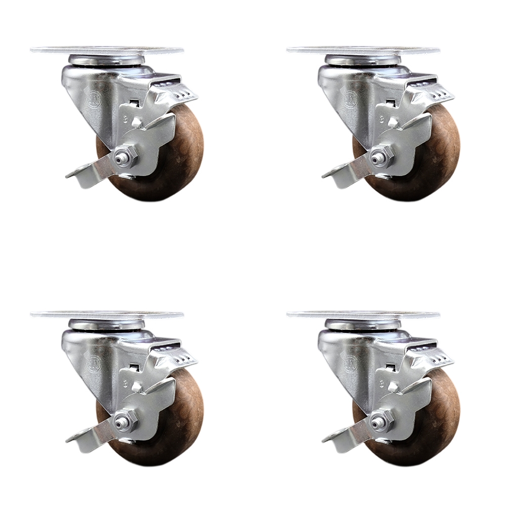 Stainless Steel High Temp Glass Filled Nylon Swivel Top Plate Caster Set of 4 w/3.5" x 1.25" Brown Wheels - Includes 4 Swivel with Top Lock Brakes - 1400 lbs Total Capacity - Service Caster Brand — photo 1