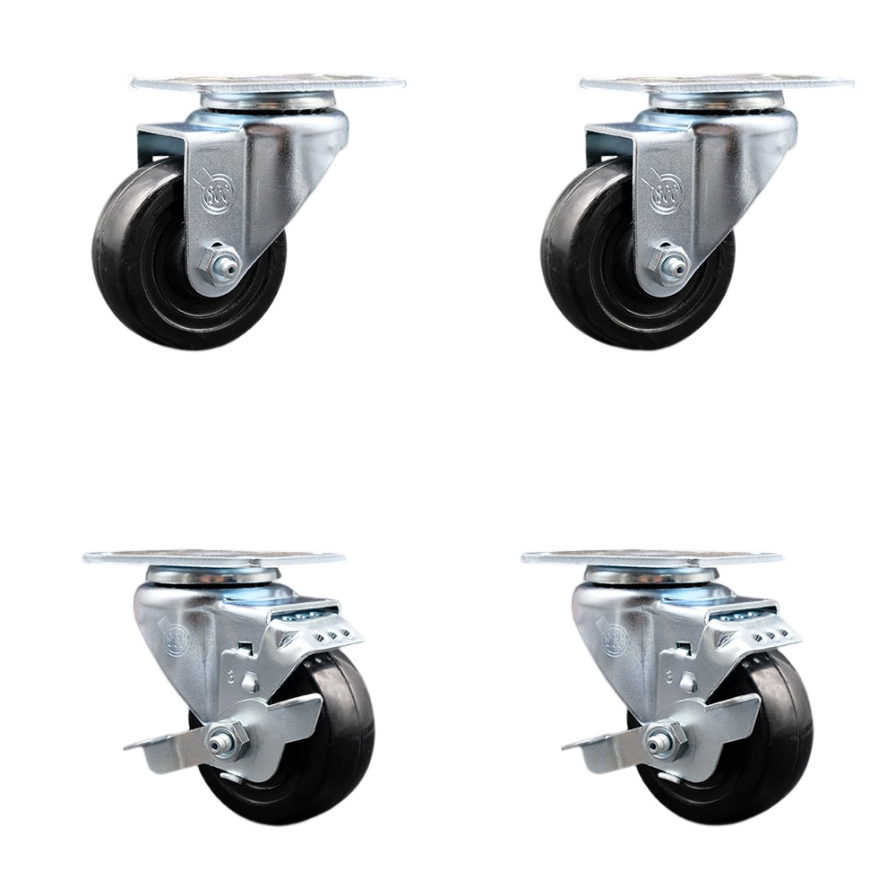 Stainless Steel Hard Rubber Swivel Top Plate Caster Set of 4 w/3.5" x 1.25" Black Wheels - Includes 2 Swivel with Top Locking Brakes & 2 Swivel - 1100 lbs Total Capacity - Service Caster Brand — photo 1