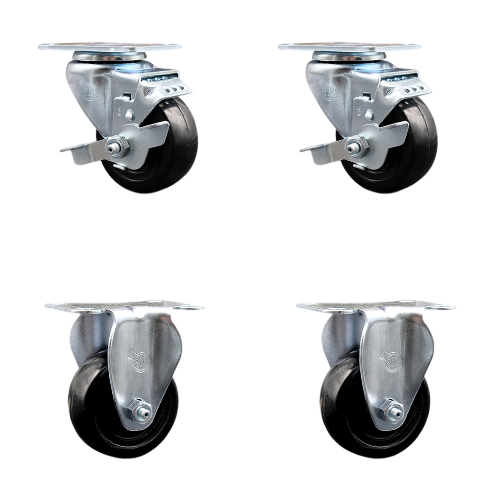 Stainless Steel Hard Rubber Swivel Top Plate Caster Set of 4 w/3.5" x 1.25" Black Wheels - Includes 2 Swivel with Top Locking Brakes & 2 Rigid - 1100 lbs Total Capacity - Service Caster Brand — photo 1