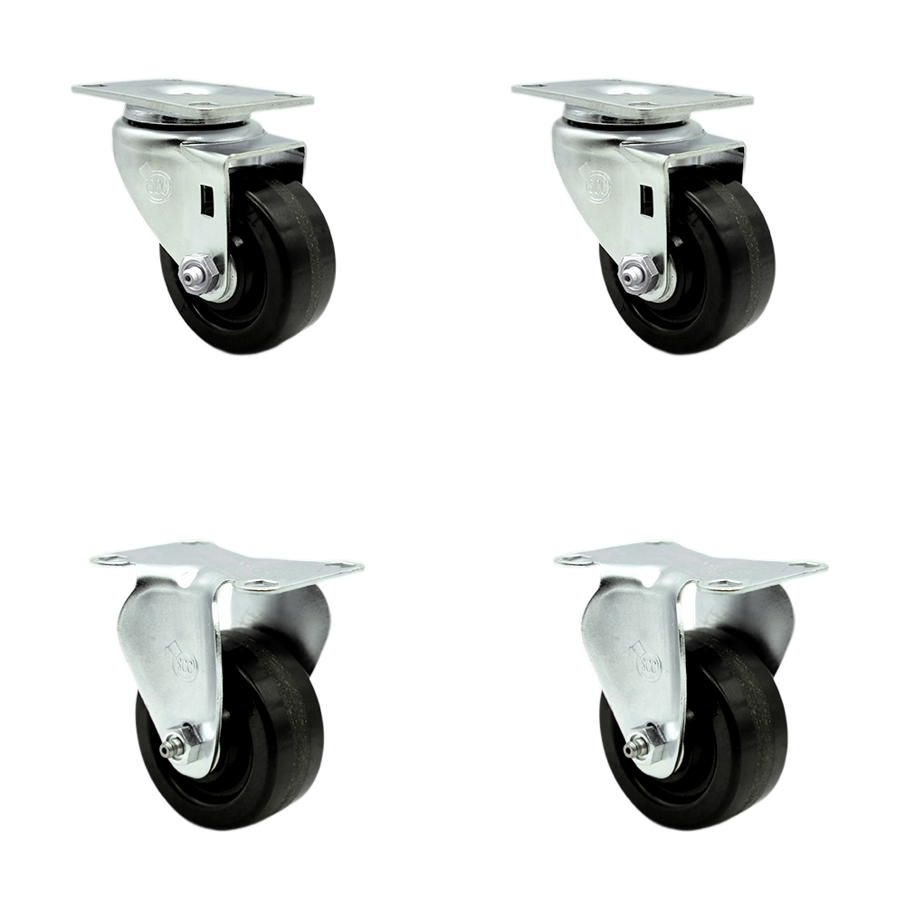 Stainless Steel Phenolic Swivel Top Plate Caster Set of 4 w/3.5" x 1.25" Black Wheels - Includes 2 Swivel & 2 Rigid - 1200 lbs Total Capacity - Service Caster Brand — photo 1