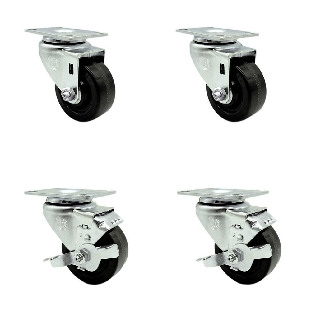 Stainless Steel Phenolic Swivel Top Plate Caster Set of 4 w/3.5" x 1.25" Black Wheels - Includes 2 Swivel with Top Locking Brakes & 2 Swivel - 1200 lbs Total Capacity - Service Caster Brand — photo 1