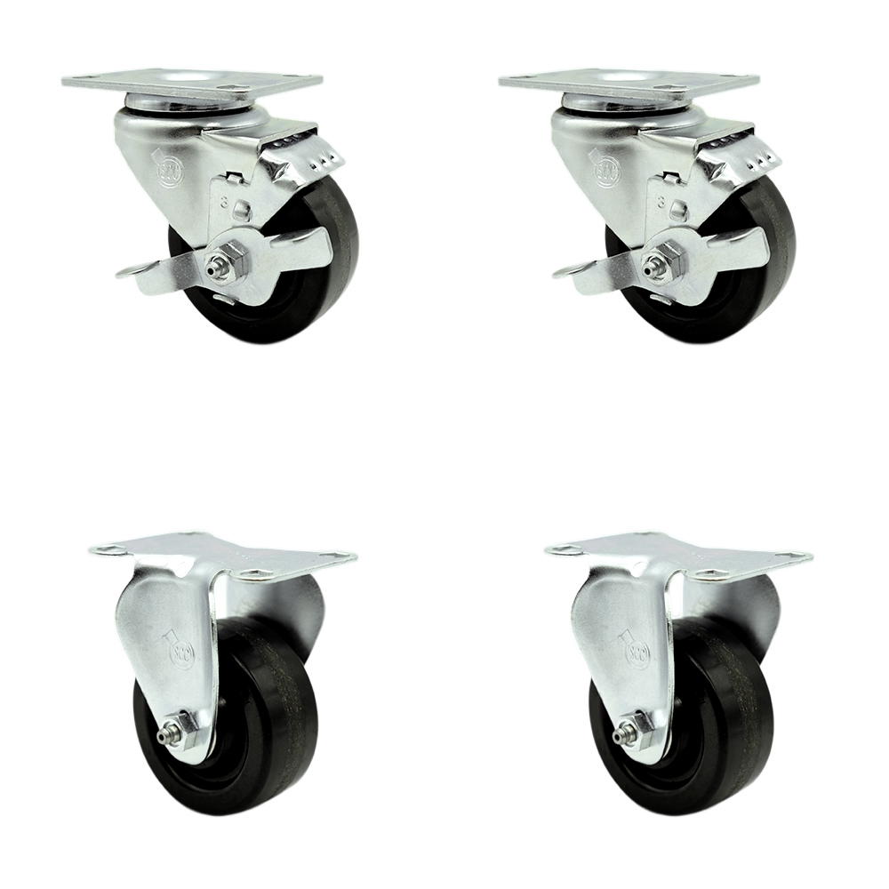 Stainless Steel Phenolic Swivel Top Plate Caster Set of 4 w/3.5" x 1.25" Black Wheels - Includes 2 Swivel with Top Locking Brakes & 2 Rigid - 1200 lbs Total Capacity - Service Caster Brand — photo 1