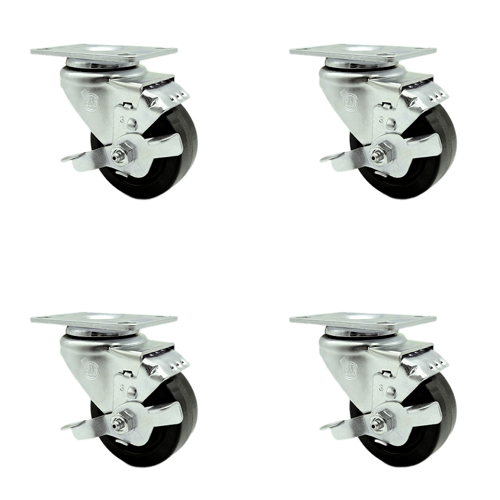 Stainless Steel Phenolic Swivel Top Plate Caster Set of 4 w/3.5" x 1.25" Black Wheels - Includes 4 Swivel with Top Lock Brakes - 1200 lbs Total Capacity - Service Caster Brand — photo 1