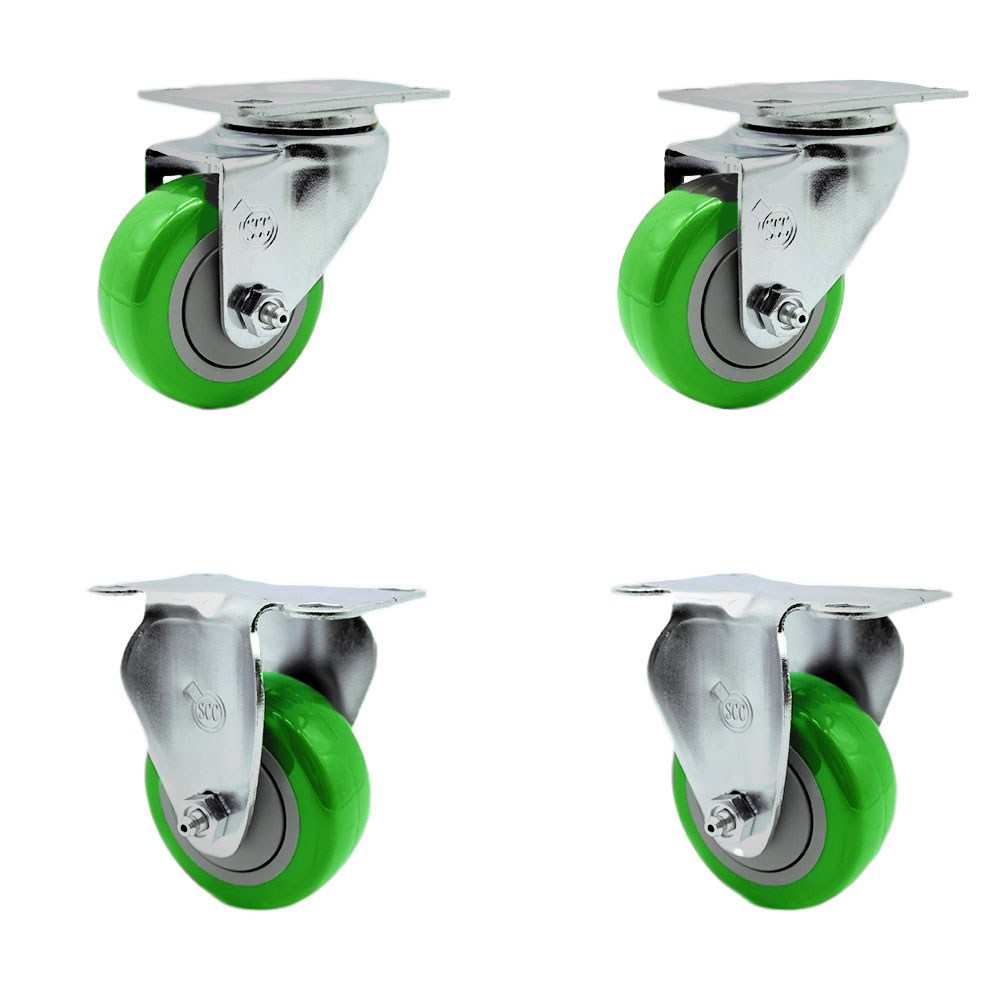 Stainless Steel Polyurethane Swivel Top Plate Caster Set of 4 w/3.5" x 1.25" Green Wheels - Includes 2 Swivel & 2 Rigid - 1200 lbs Total Capacity - Service Caster Brand — photo 1