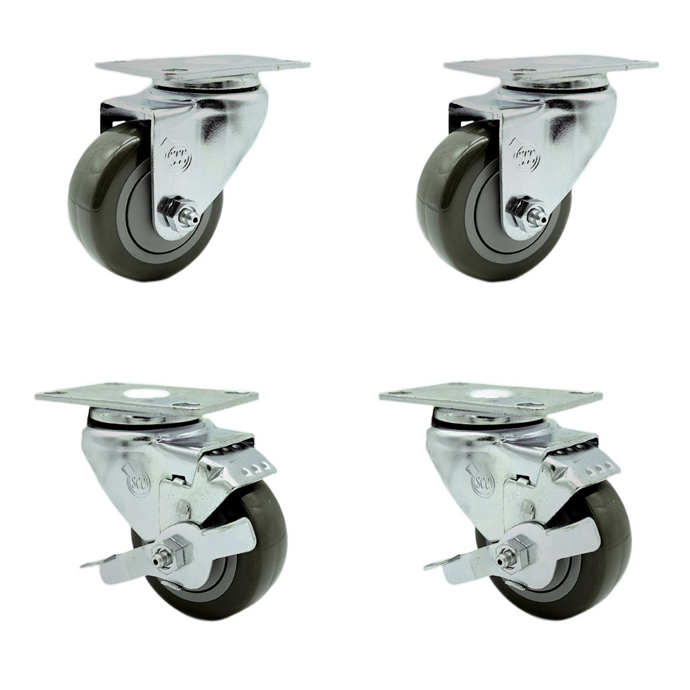 Stainless Steel Polyurethane Swivel Top Plate Caster Set of 4 w/3.5" x 1.25" Gray Wheels - Includes 2 Swivel with Top Locking Brakes & 2 Swivel - 1200 lbs Total Capacity - Service Caster Brand — photo 1