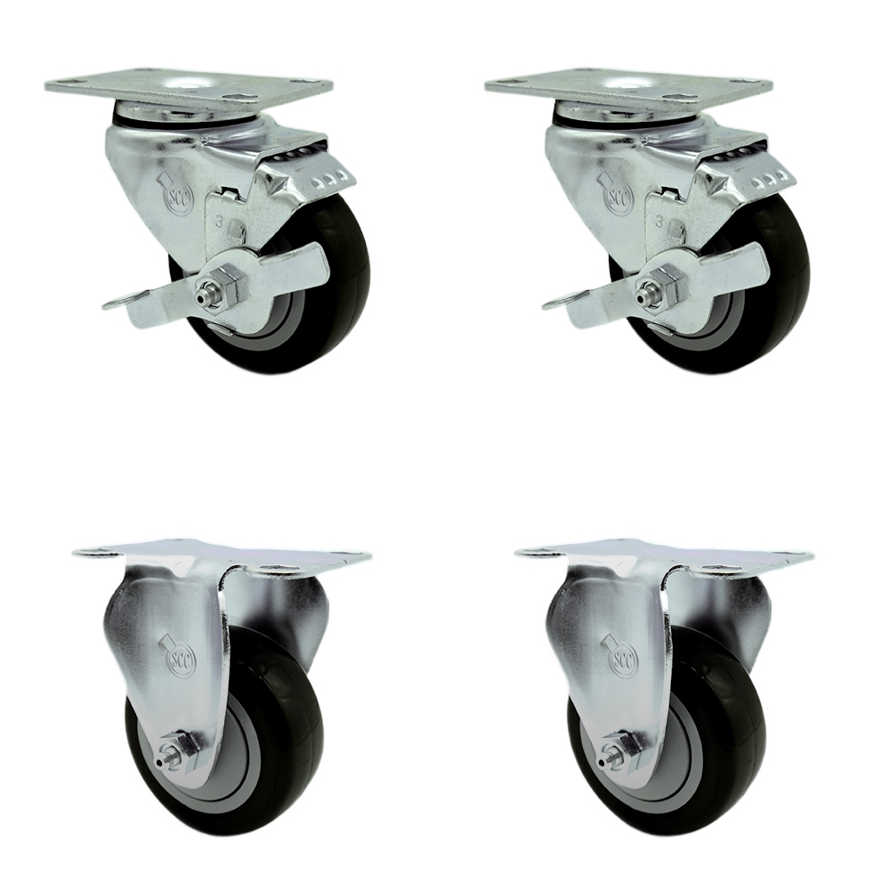 Stainless Steel Polyurethane Swivel Top Plate Caster Set of 4 w/3.5" x 1.25" Black Wheels - Includes 2 Swivel with Top Locking Brakes & 2 Rigid - 1200 lbs Total Capacity - Service Caster Brand — photo 1