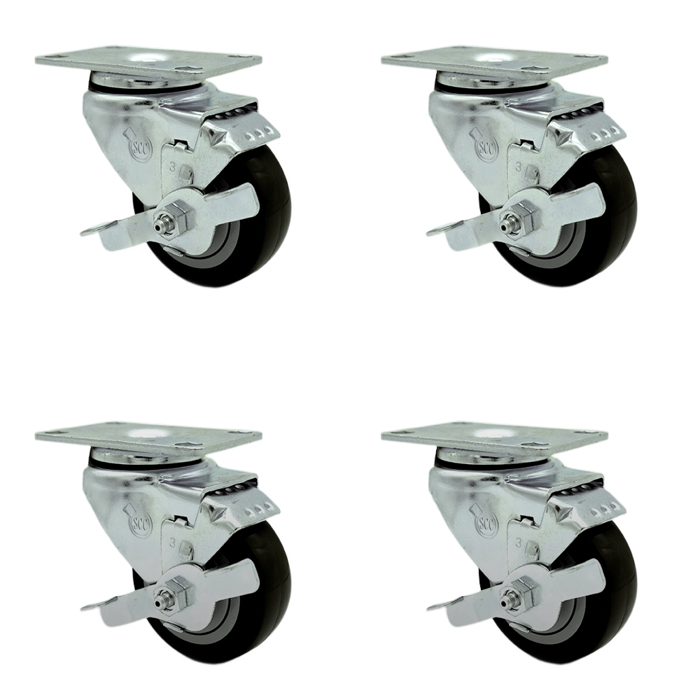 Stainless Steel Polyurethane Swivel Top Plate Caster Set of 4 w/3.5" x 1.25" Black Wheels - Includes 4 Swivel with Top Lock Brakes - 1200 lbs Total Capacity - Service Caster Brand — photo 1