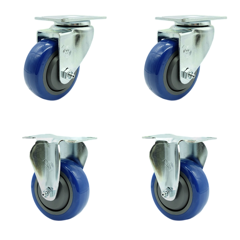 Stainless Steel Polyurethane Swivel Top Plate Caster Set of 4 w/3.5" x 1.25" Blue Wheels - Includes 2 Swivel & 2 Rigid - 1200 lbs Total Capacity - Service Caster Brand — photo 1