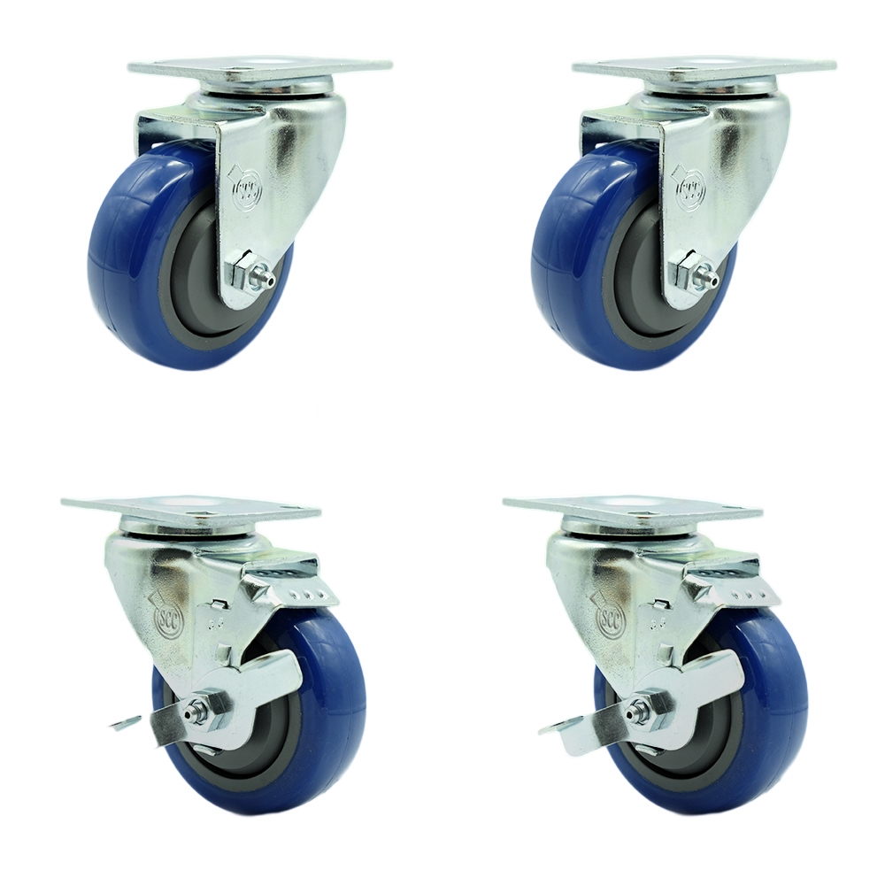 Stainless Steel Polyurethane Swivel Top Plate Caster Set of 4 w/3.5" x 1.25" Blue Wheels - Includes 2 Swivel with Top Locking Brakes & 2 Swivel - 1200 lbs Total Capacity - Service Caster Brand — photo 1