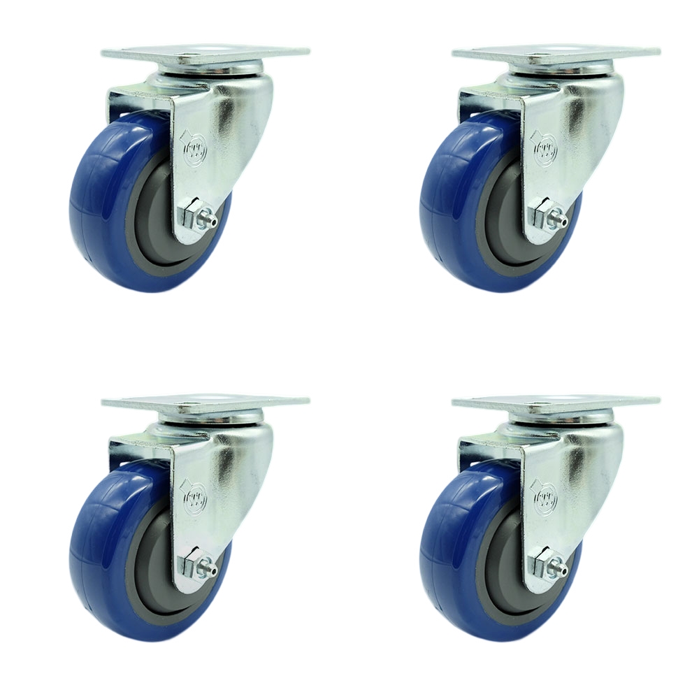 Stainless Steel Polyurethane Swivel Top Plate Caster Set of 4 w/3.5" x 1.25" Blue Wheels - Includes 4 Swivel - 1200 lbs Total Capacity - Service Caster Brand — photo 1