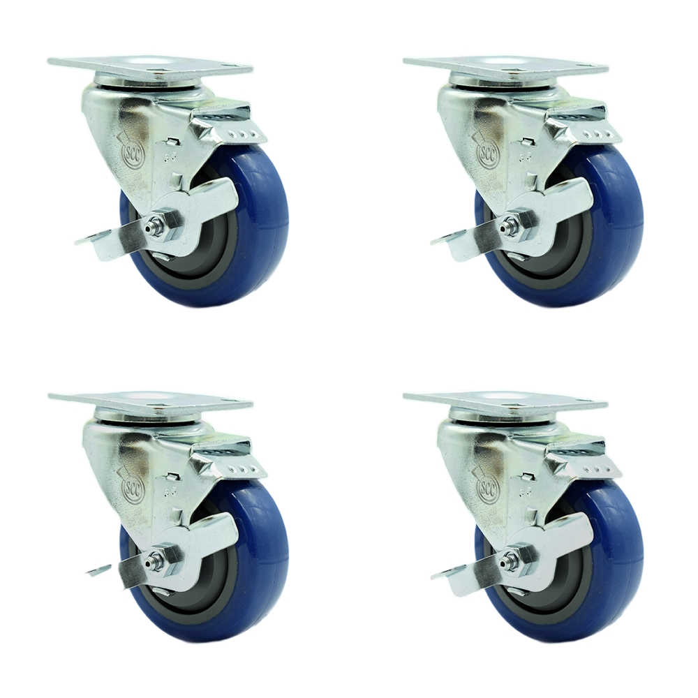 Stainless Steel Polyurethane Swivel Top Plate Caster Set of 4 w/3.5" x 1.25" Blue Wheels - Includes 4 Swivel with Top Lock Brakes - 1200 lbs Total Capacity - Service Caster Brand — photo 1
