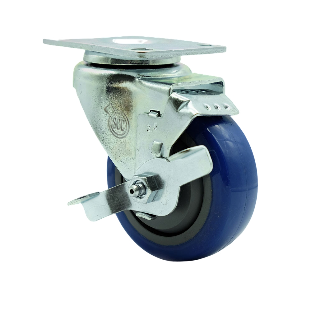 Stainless Steel Polyurethane Swivel Top Plate Swivel Caster w/3.5" x 1.25" Blue Wheel & Top Locking Brake - 300 lbs Capacity/Caster - Service Caster Brand — photo 1