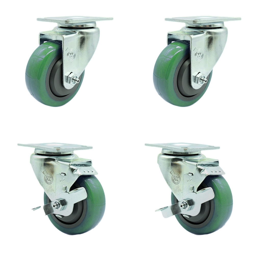 Stainless Steel Polyurethane Swivel Top Plate Caster Set of 4 w/3.5" x 1.25" Green Wheels - Includes 2 Swivel with Top Locking Brakes & 2 Swivel - 1200 lbs Total Capacity - Service Caster Brand — photo 1