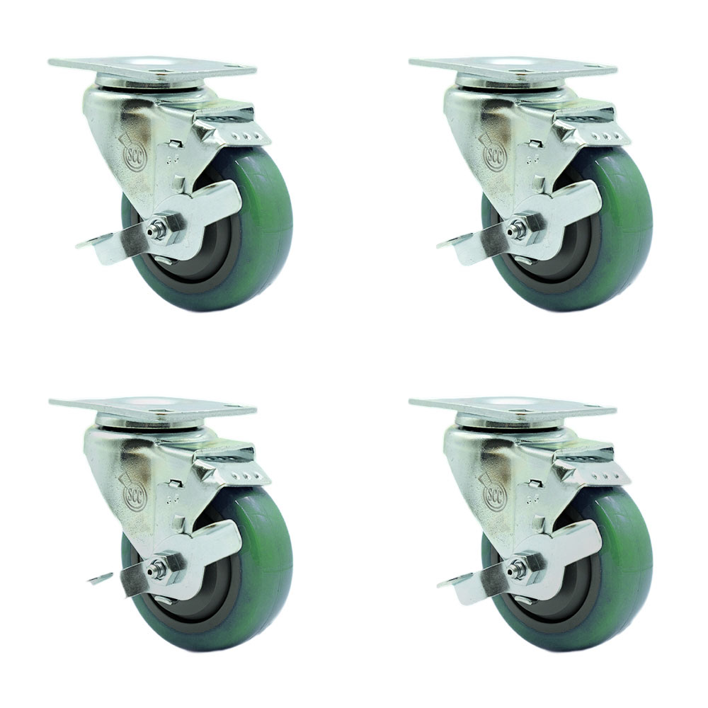 Stainless Steel Polyurethane Swivel Top Plate Caster Set of 4 w/3.5" x 1.25" Green Wheels - Includes 4 Swivel with Top Lock Brakes - 1200 lbs Total Capacity - Service Caster Brand — photo 1