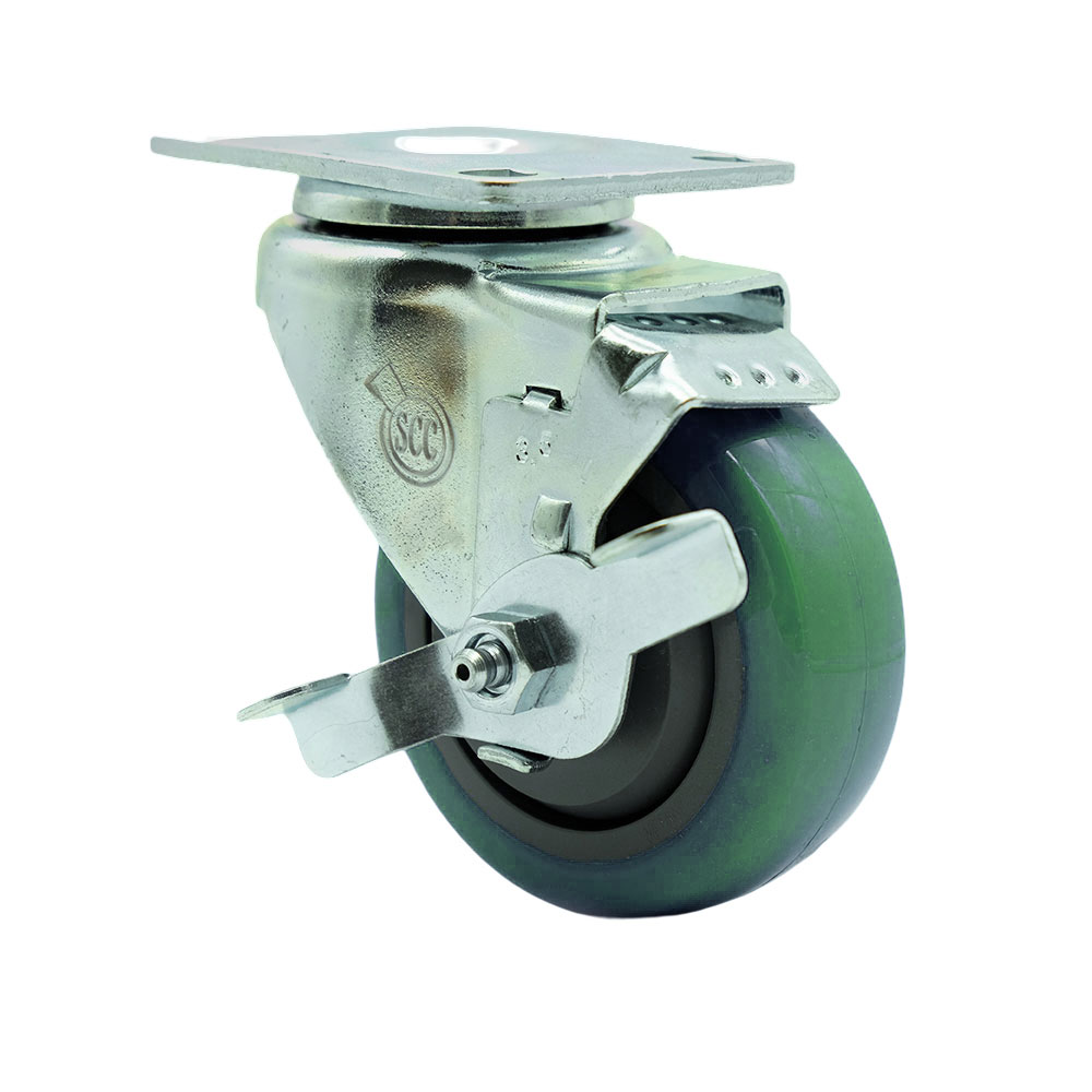 Stainless Steel Polyurethane Swivel Top Plate Swivel Caster w/3.5" x 1.25" Green Wheel & Top Locking Brake - 300 lbs Capacity/Caster - Service Caster Brand — photo 1