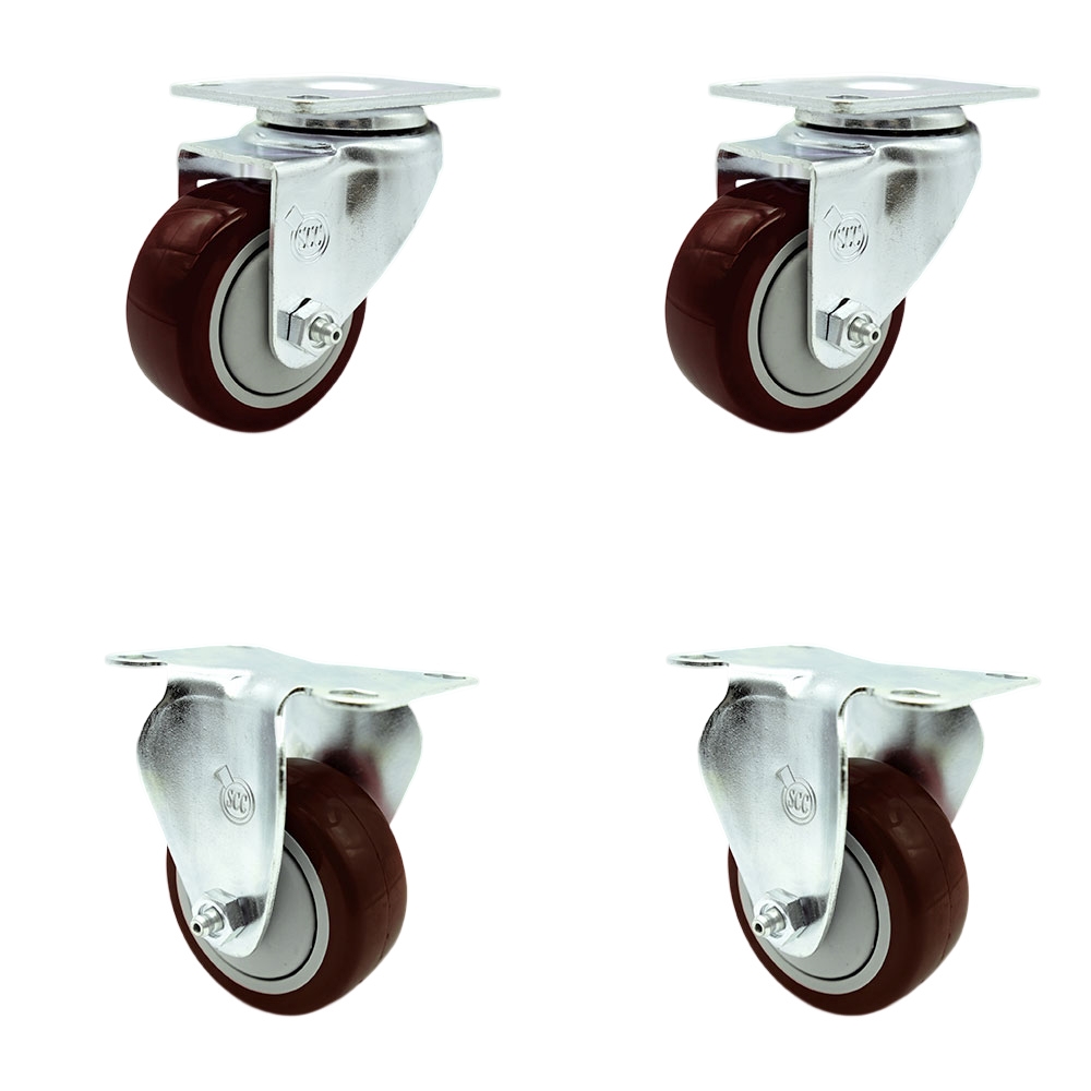 Stainless Steel Polyurethane Swivel Top Plate Caster Set of 4 w/3.5" x 1.25" Maroon Wheels - Includes 2 Swivel & 2 Rigid - 1200 lbs Total Capacity - Service Caster Brand — photo 1