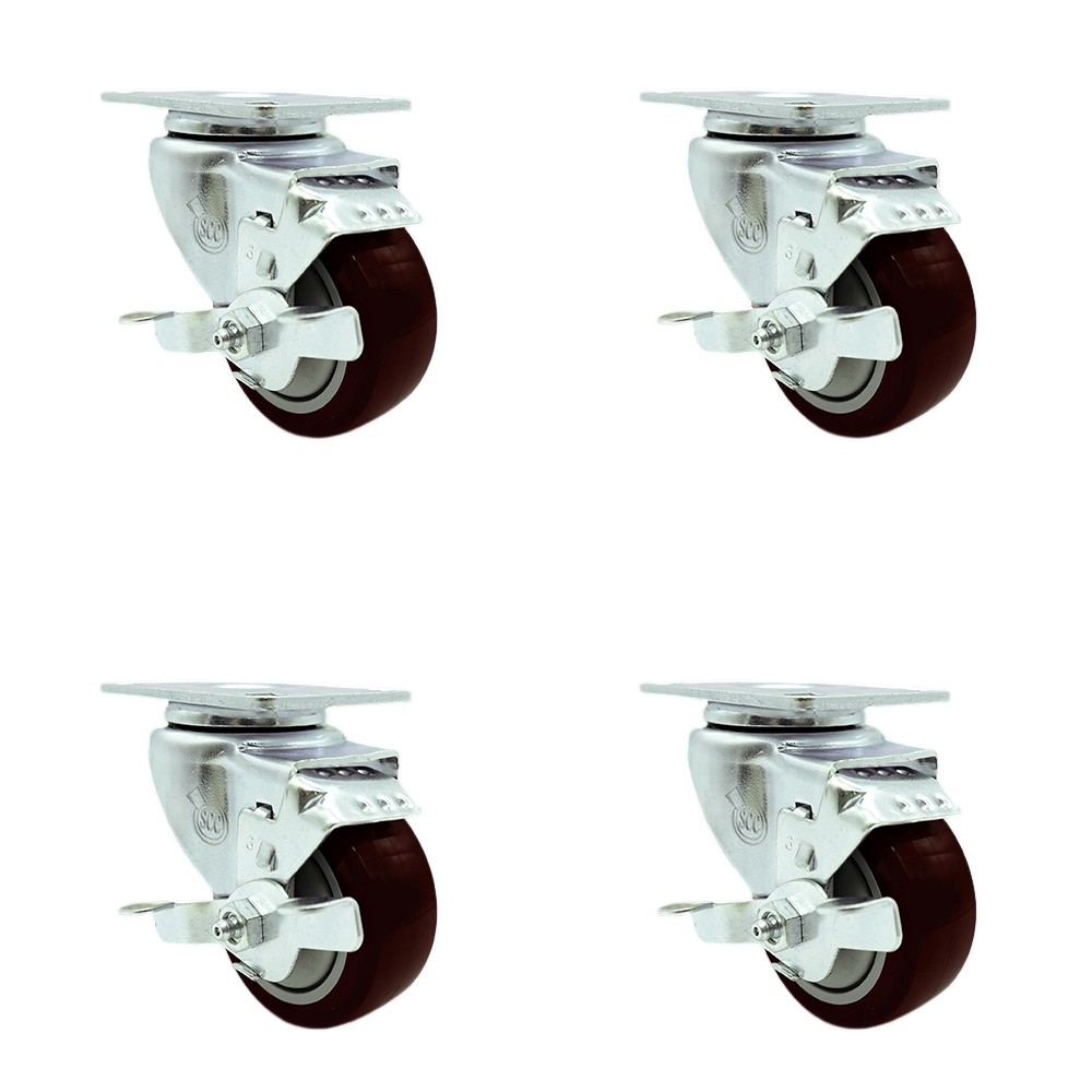 Stainless Steel Polyurethane Swivel Top Plate Caster Set of 4 w/3.5" x 1.25" Maroon Wheels - Includes 4 Swivel with Top Lock Brakes - 1200 lbs Total Capacity - Service Caster Brand — photo 1