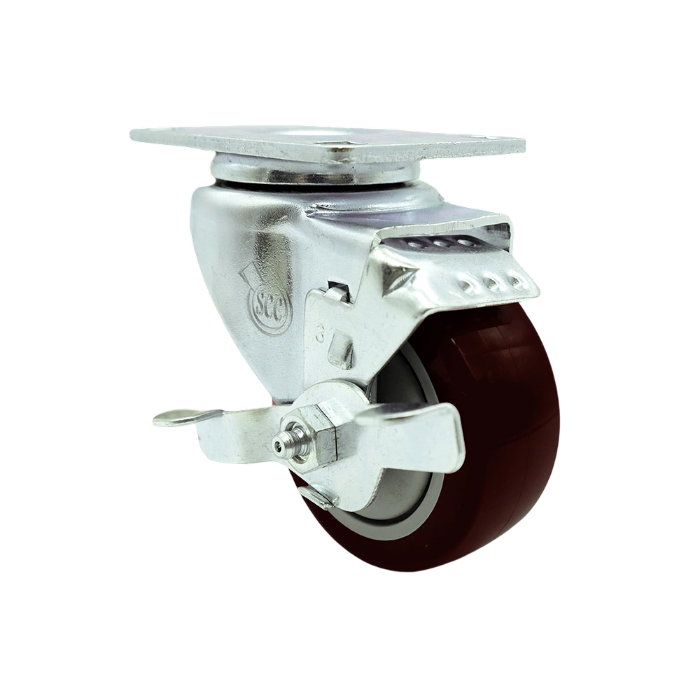 Stainless Steel Polyurethane Swivel Top Plate Swivel Caster w/3.5" x 1.25" Maroon Wheel & Top Locking Brake - 300 lbs Capacity/Caster - Service Caster Brand — photo 1