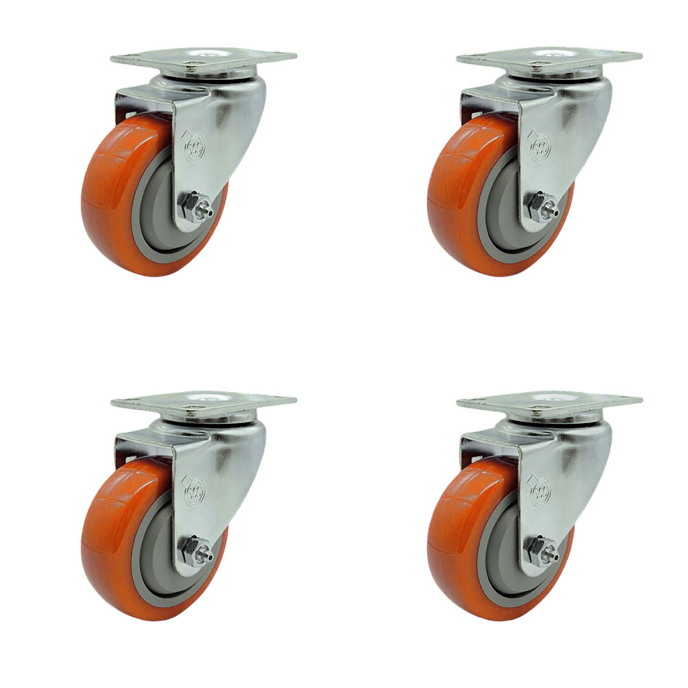 Stainless Steel Polyurethane Swivel Top Plate Caster Set of 4 w/3.5" x 1.25" Orange Wheels - Includes 4 Swivel - 1200 lbs Total Capacity - Service Caster Brand — photo 1