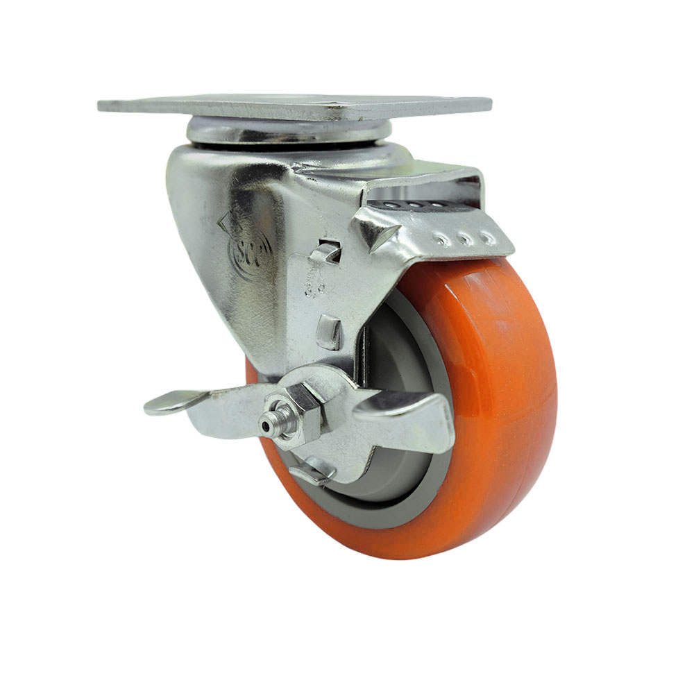 Stainless Steel Polyurethane Swivel Top Plate Swivel Caster w/3.5" x 1.25" Orange Wheel & Top Locking Brake - 300 lbs Capacity/Caster - Service Caster Brand — photo 1