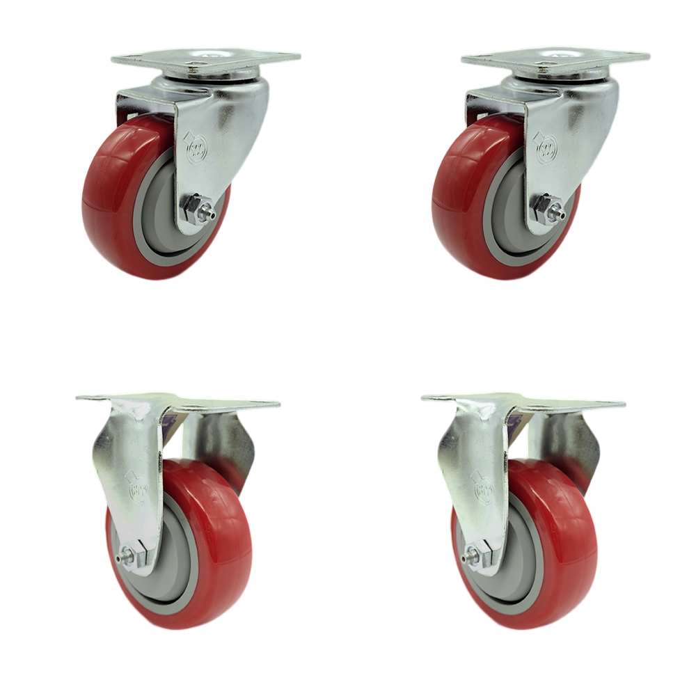 Stainless Steel Polyurethane Swivel Top Plate Caster Set of 4 w/3.5" x 1.25" Red Wheels - Includes 2 Swivel & 2 Rigid - 1200 lbs Total Capacity - Service Caster Brand — photo 1