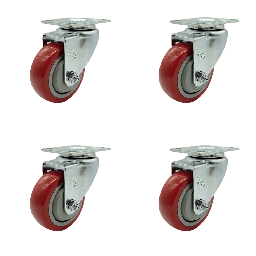 Stainless Steel Polyurethane Swivel Top Plate Caster Set of 4 w/3.5" x 1.25" Red Wheels - Includes 4 Swivel - 1200 lbs Total Capacity - Service Caster Brand — photo 1